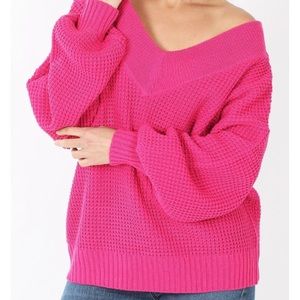 Balloon Sleeve V-neck Waffle Sweater (pink)